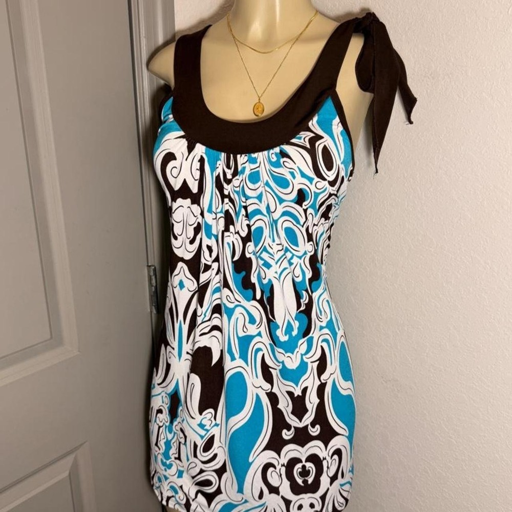 Y2K Brown and blue dress with bow detail on the shoulder